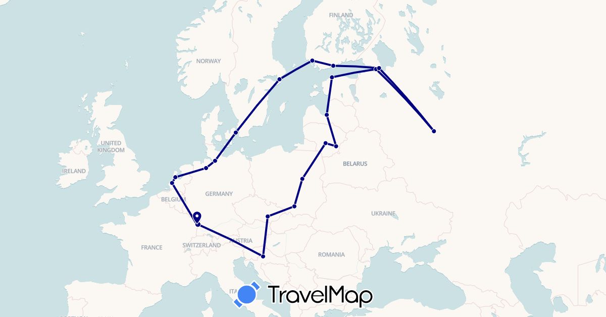 TravelMap itinerary: driving in Czech Republic, Germany, Denmark, Estonia, Finland, France, Croatia, Lithuania, Latvia, Netherlands, Poland, Russia, Sweden (Europe)